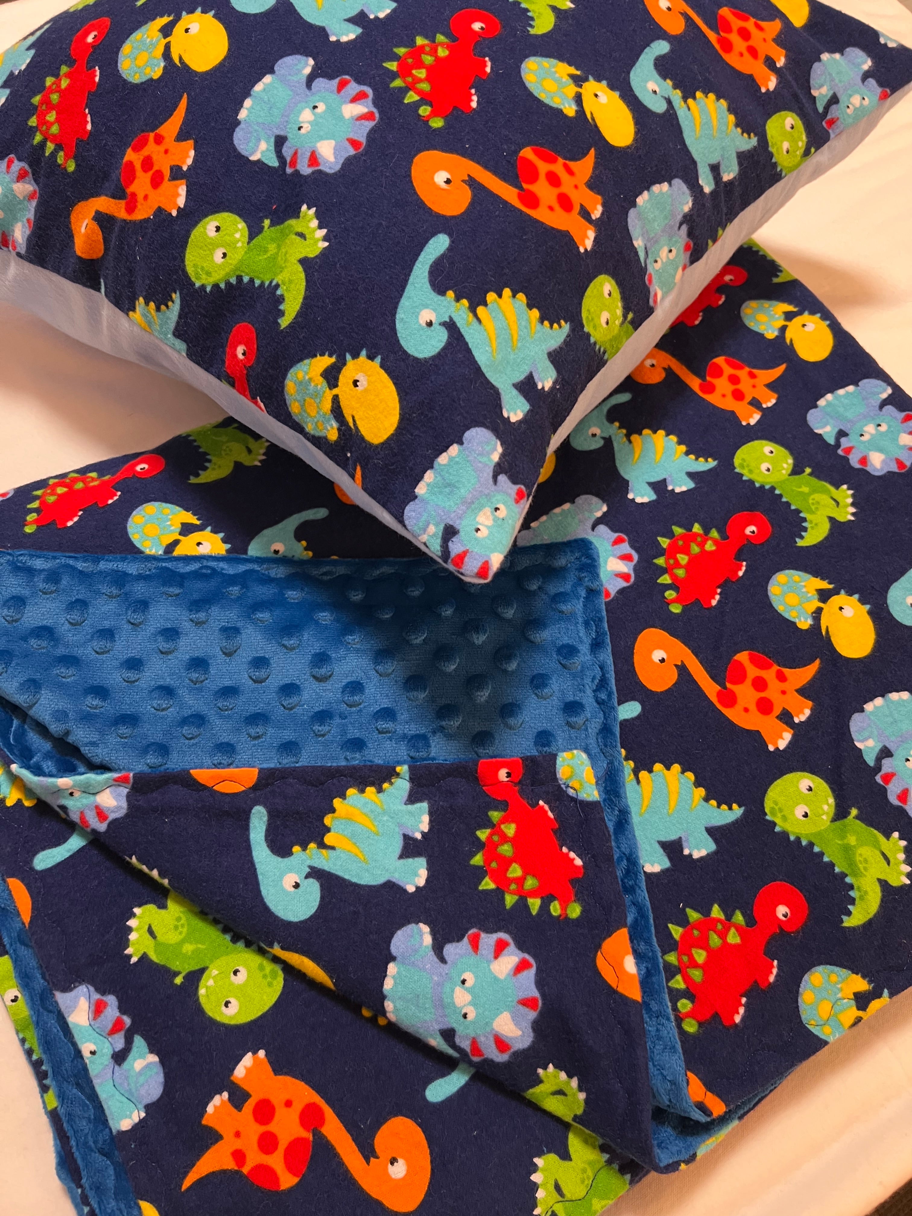 Little Dinosaur flannel and minky 40x60 inch child’s blanket with matching 18x18 inch pillow case
