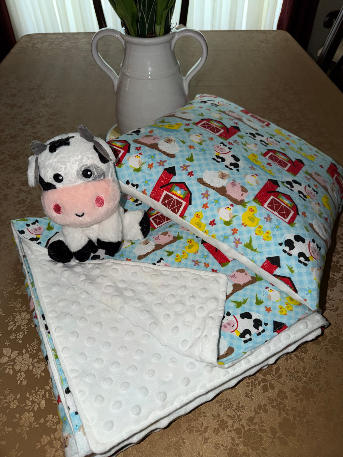 Farm with Animals flannel and minky 40x60 inch child’s blanket with matching 18x18 inch pillow case
