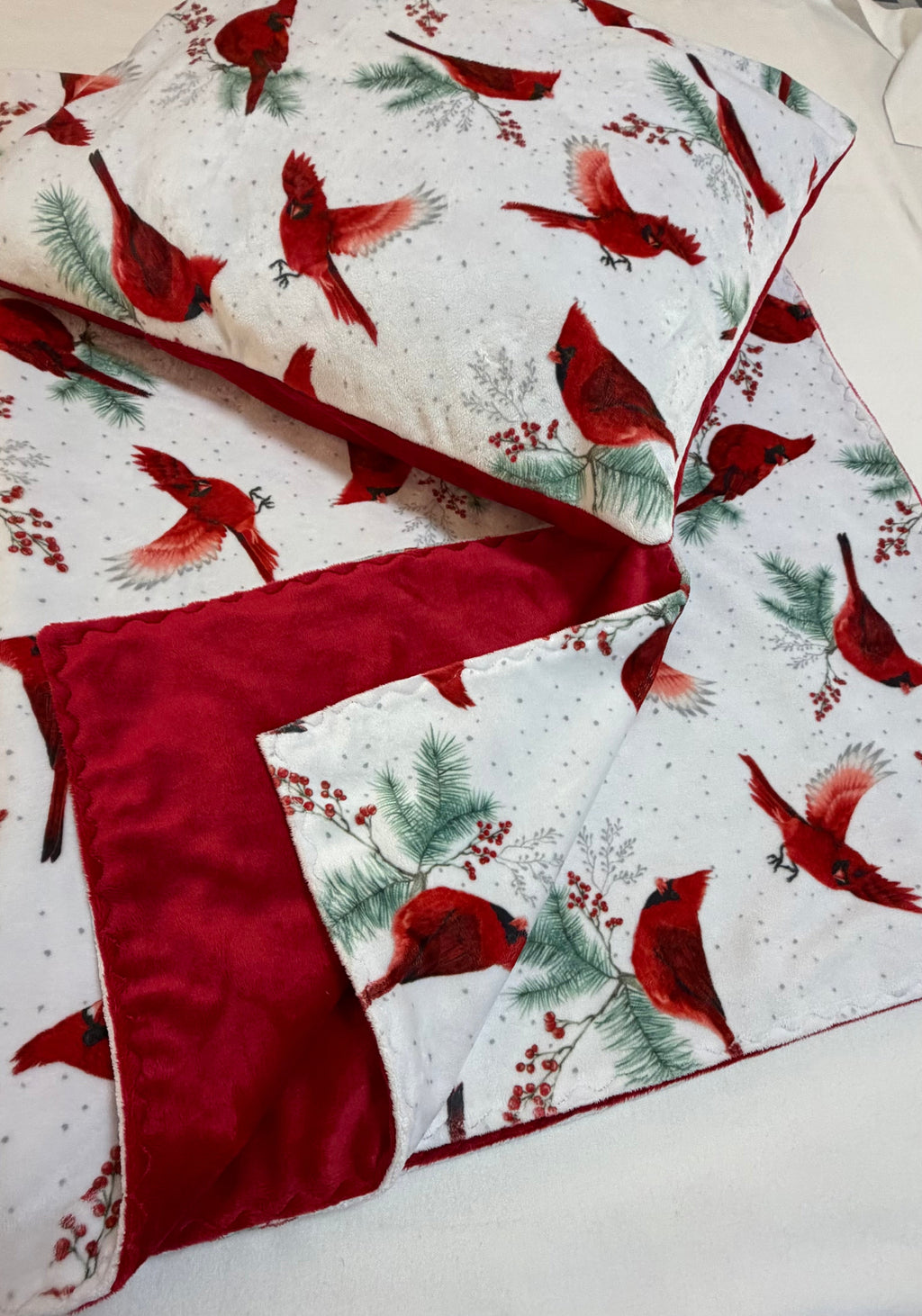 Christmas Bundle with 40 x 60 Cardinal Minky Blanket and 18 x 18 Pillow