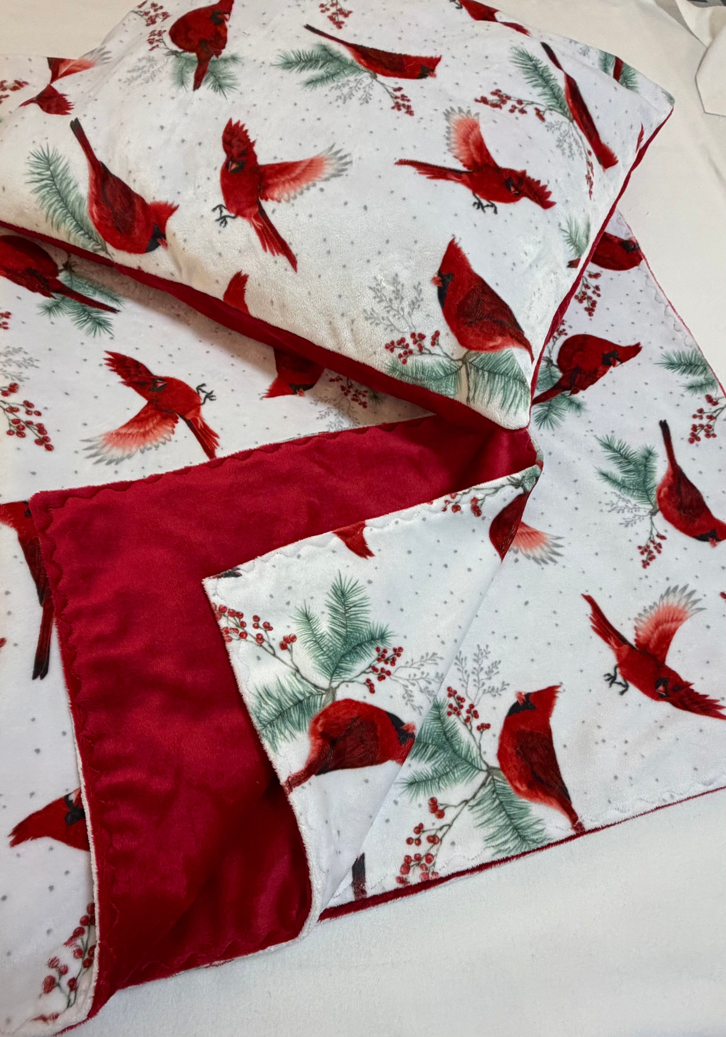 Christmas Bundle with 40 x 60 Cardinal Minky Blanket and 18 x 18 Pillow