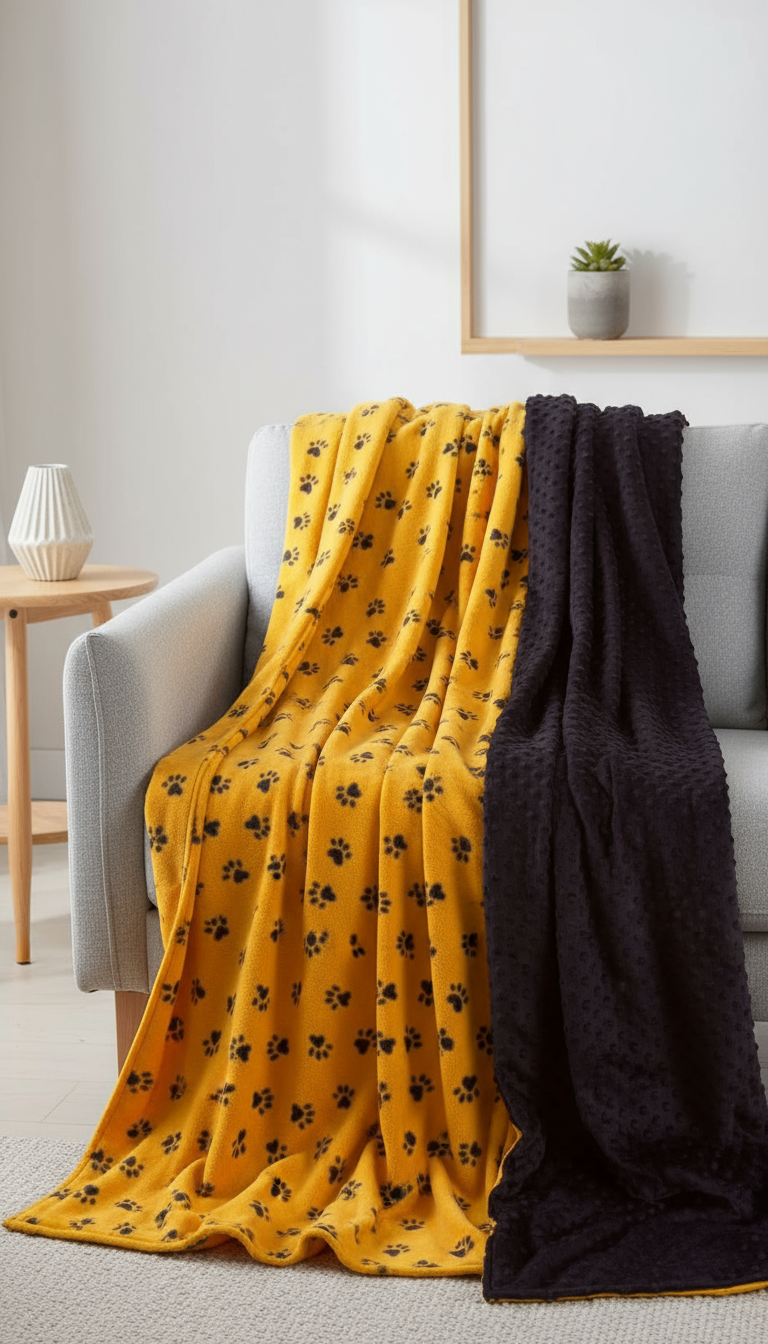 Yellow fabric with black paw prints and black textured fabric next to it