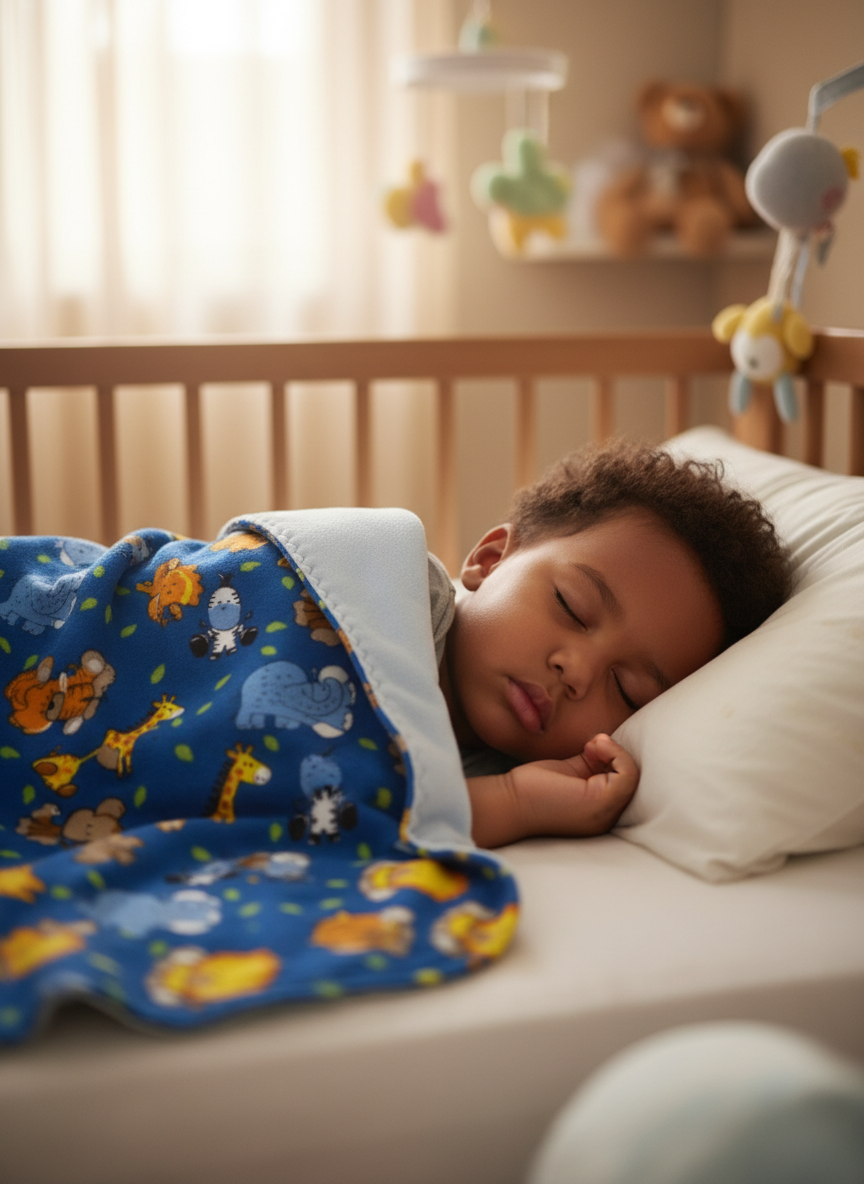 Blue fabric with cartoon characters on a white background