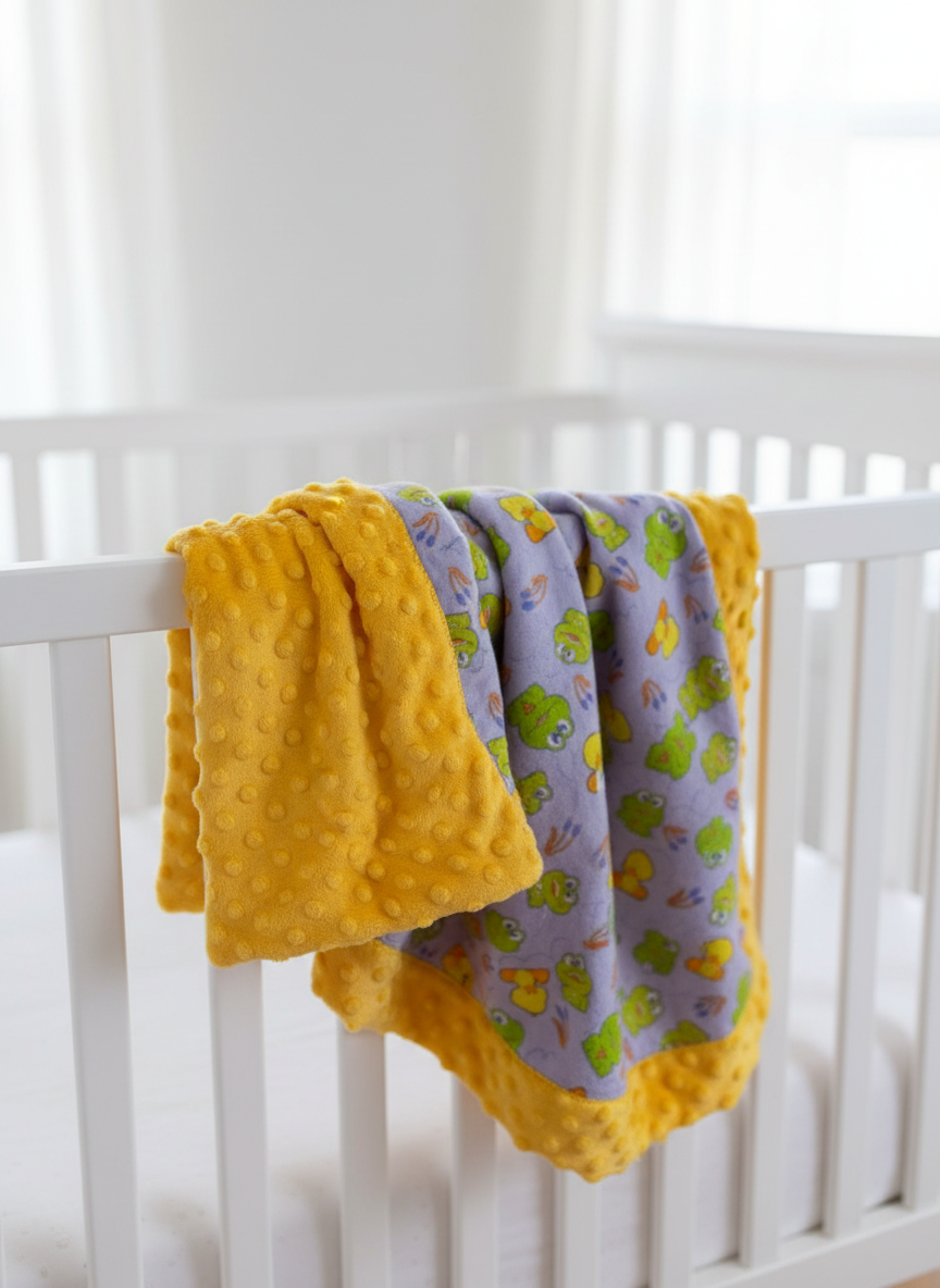 Folded blanket with frog pattern on a yellow background