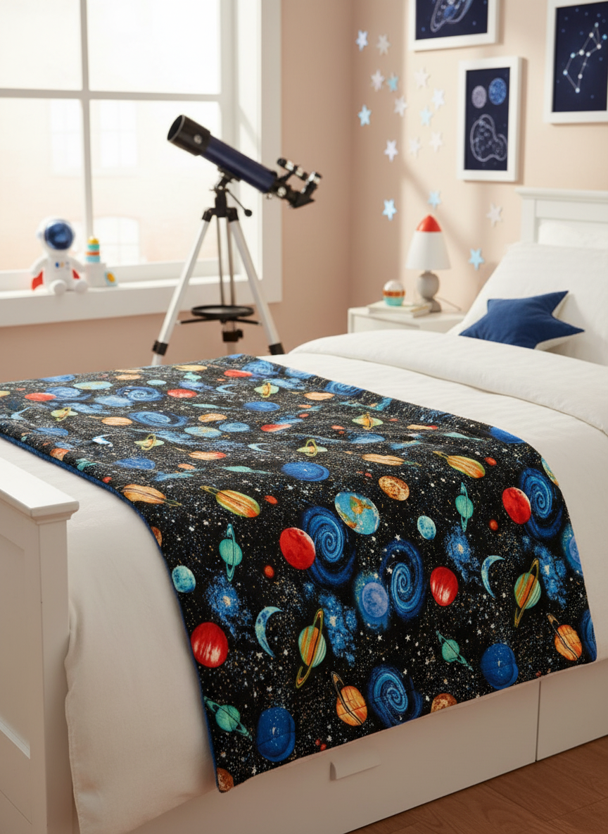 Blanket with space-themed pattern on one side and blue textured fabric on the other, on a beige background.