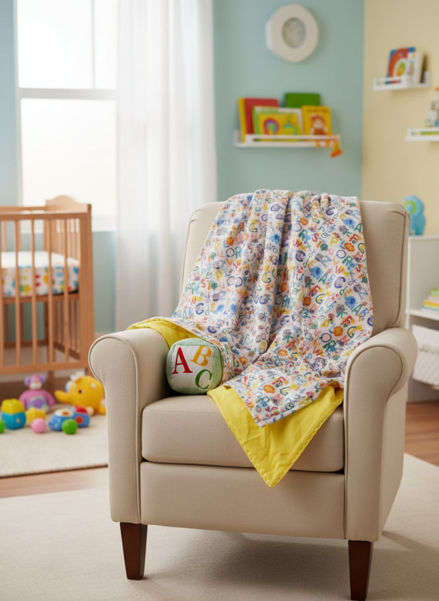 Colorful baby blanket with alphabet pattern and ABC toy on a white background