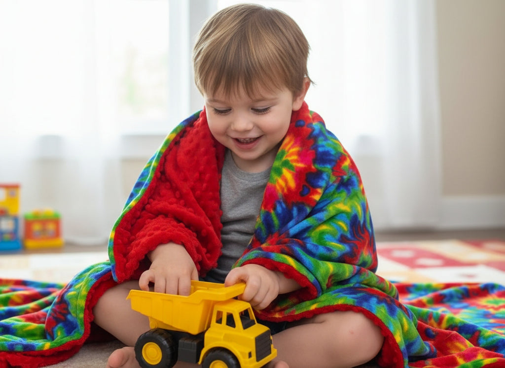 Colorful tie-dye blanket and red textured blanket on a white background