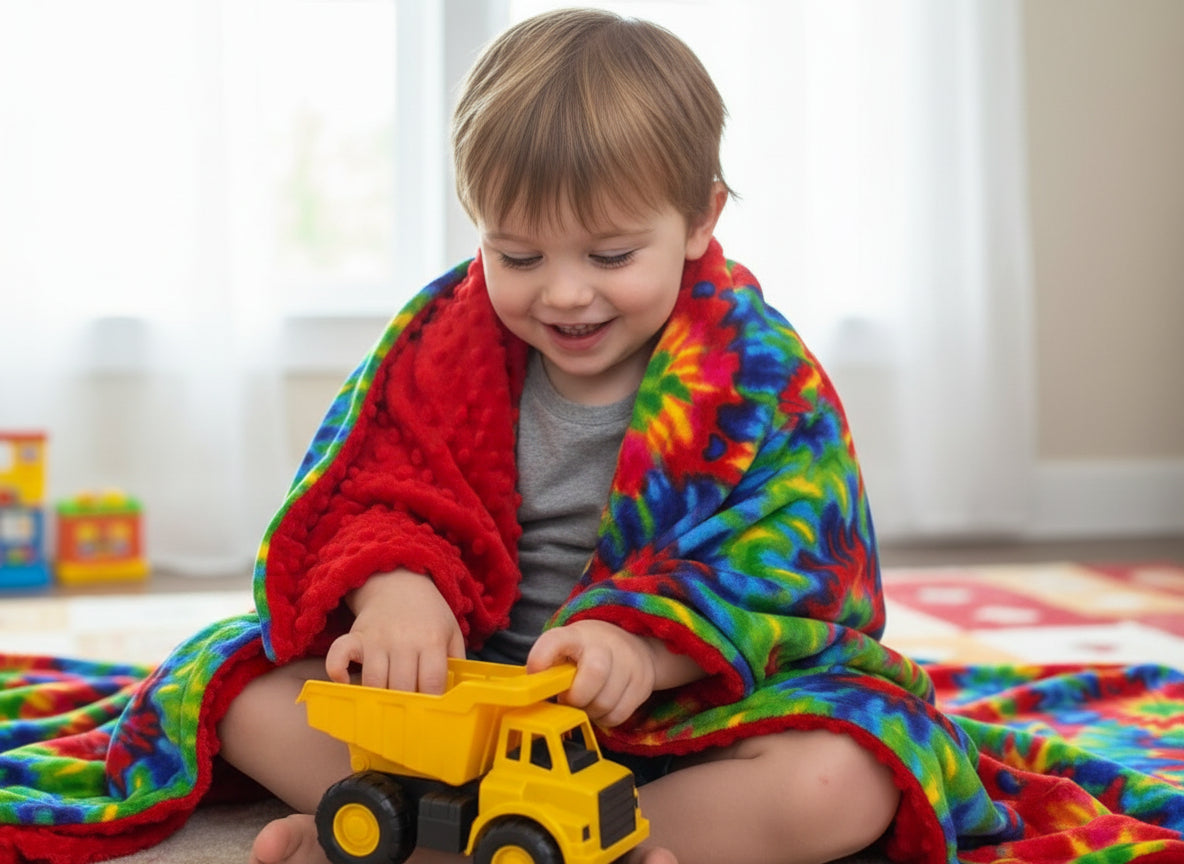 Colorful tie-dye blanket and red textured blanket on a white background