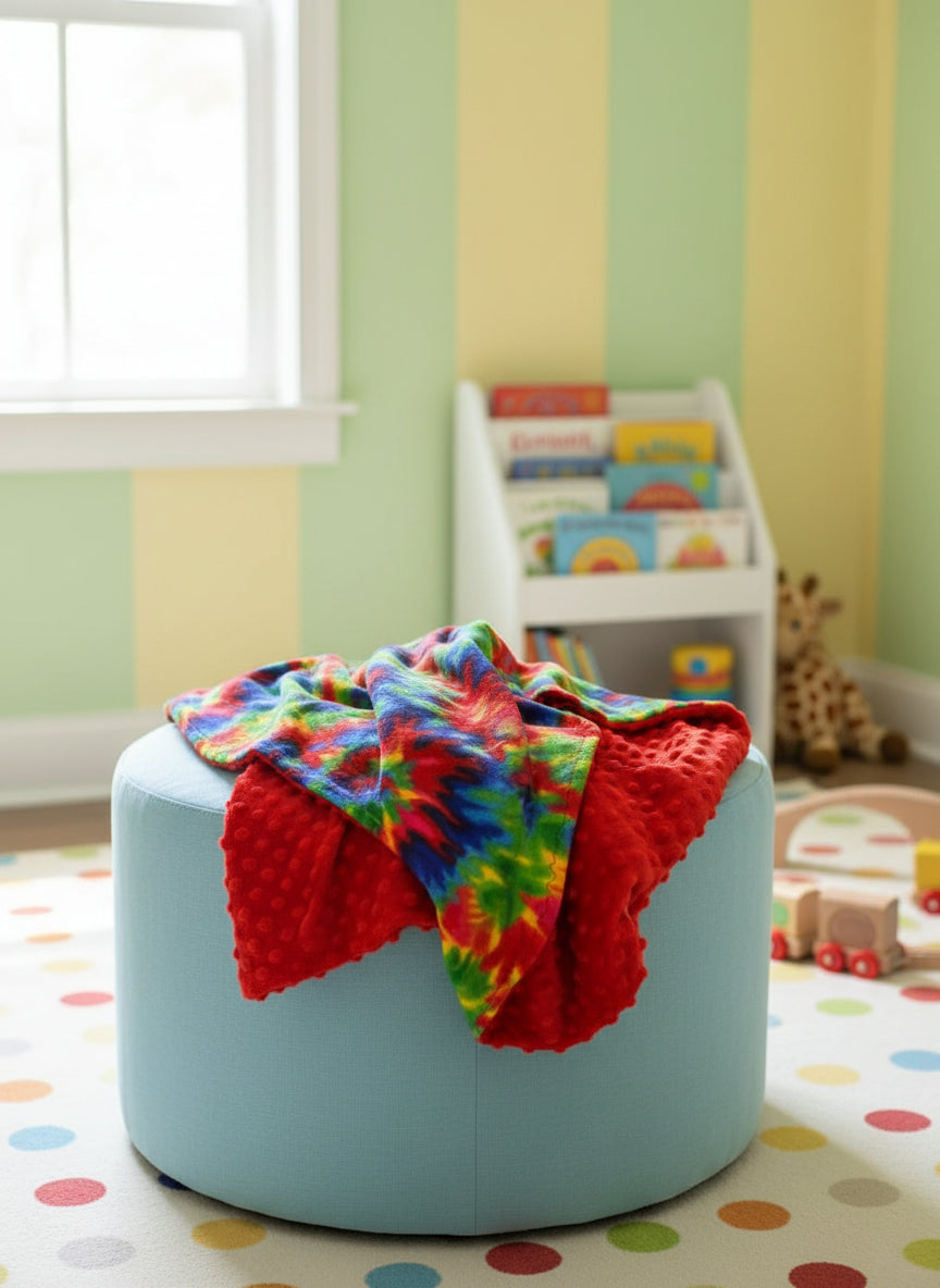 Colorful tie-dye blanket with a red textured bottom on a white background