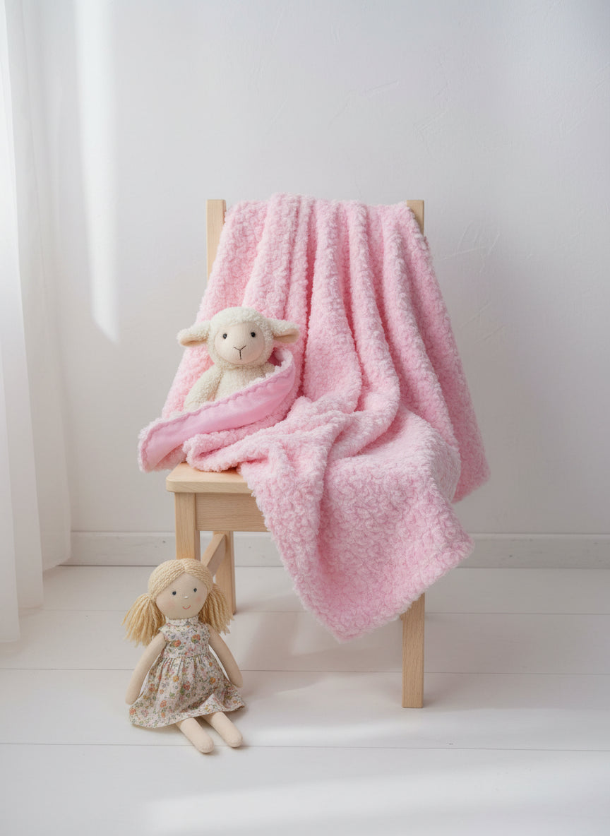 Pink textured blanket on a white surface