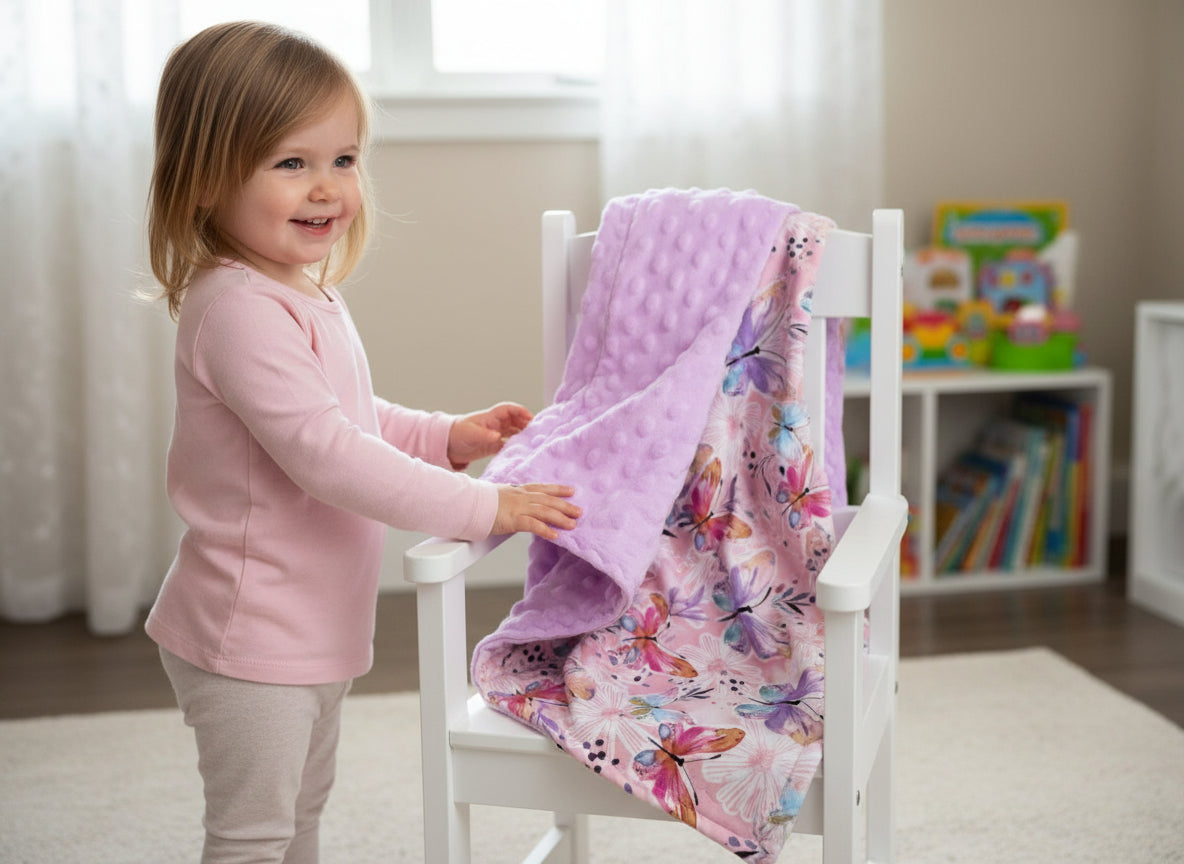 Floral-patterned blanket with butterfly design on a white background