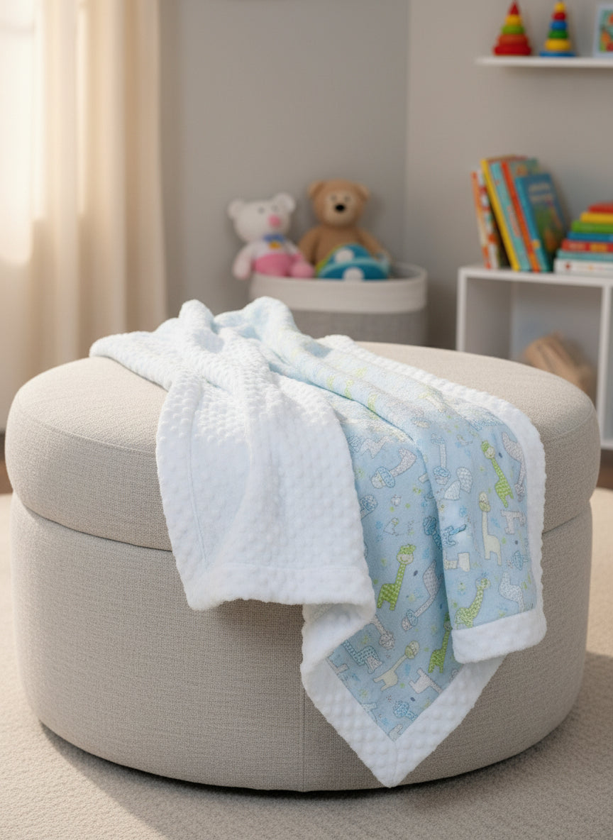 Baby blanket with animal pattern and white minky dot backing