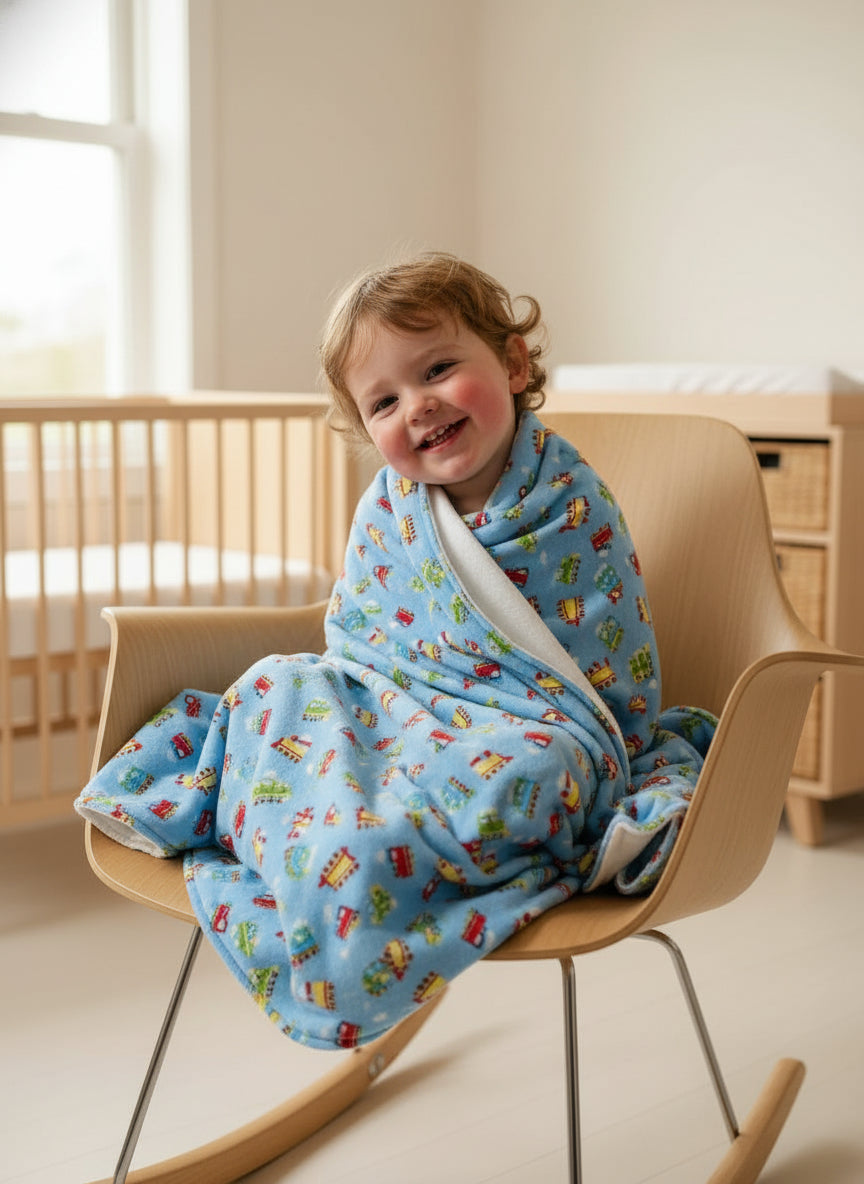 Baby blanket with train pattern and white soft  backing