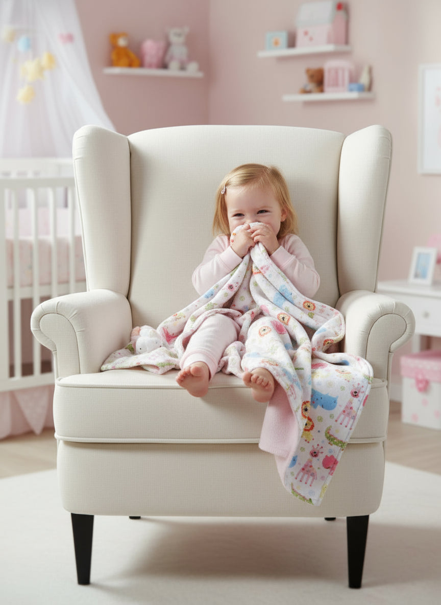 Colorful flannel fabric with animal patterns and a soft pink backing