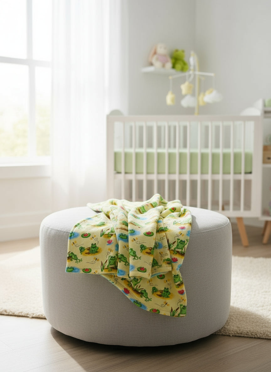 Frogs on lily pads fabric with a green minky dot back