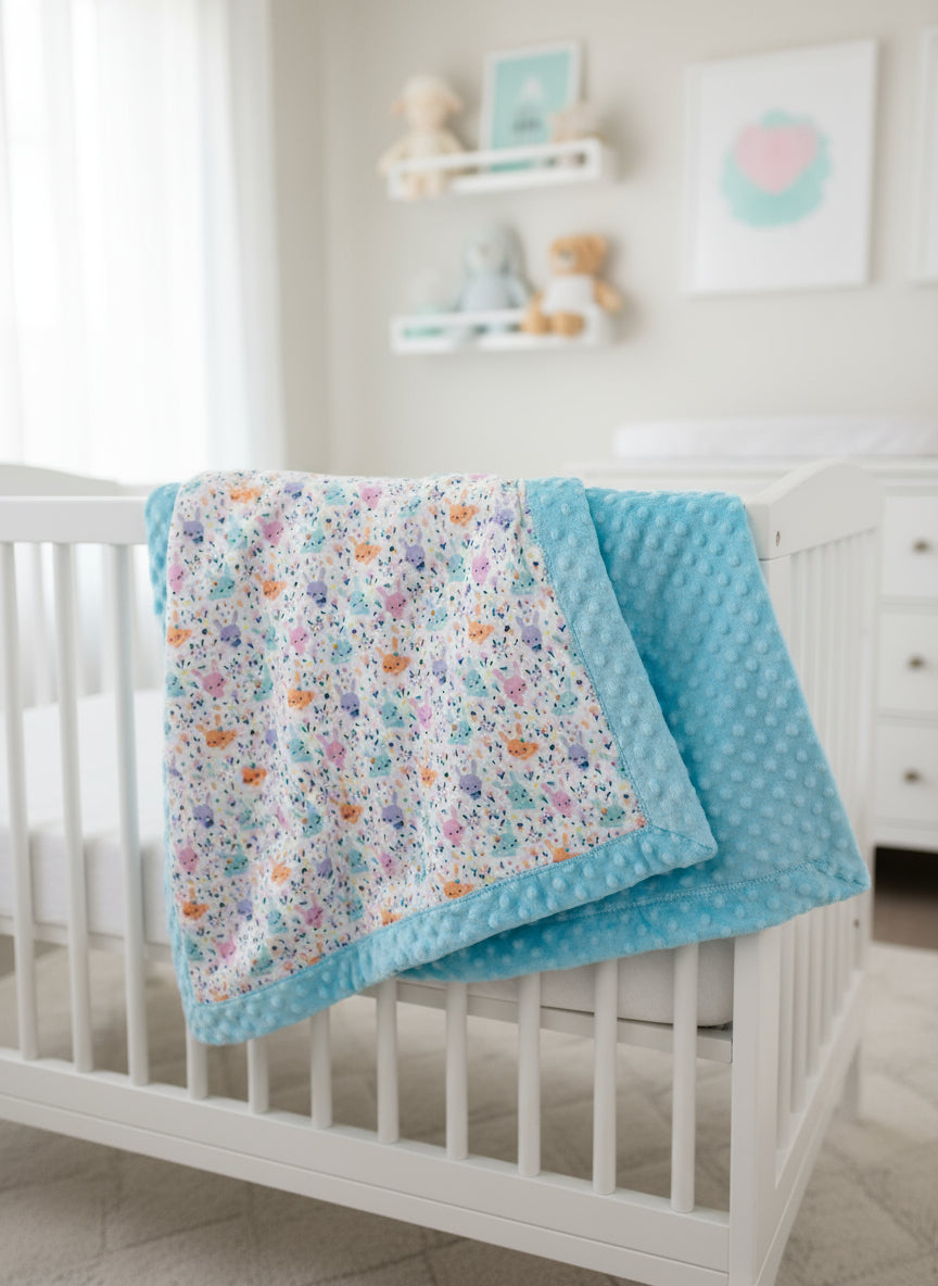 Folded baby blanket with baby rabbit pattern on one side and blue minky dot pattern on the other.