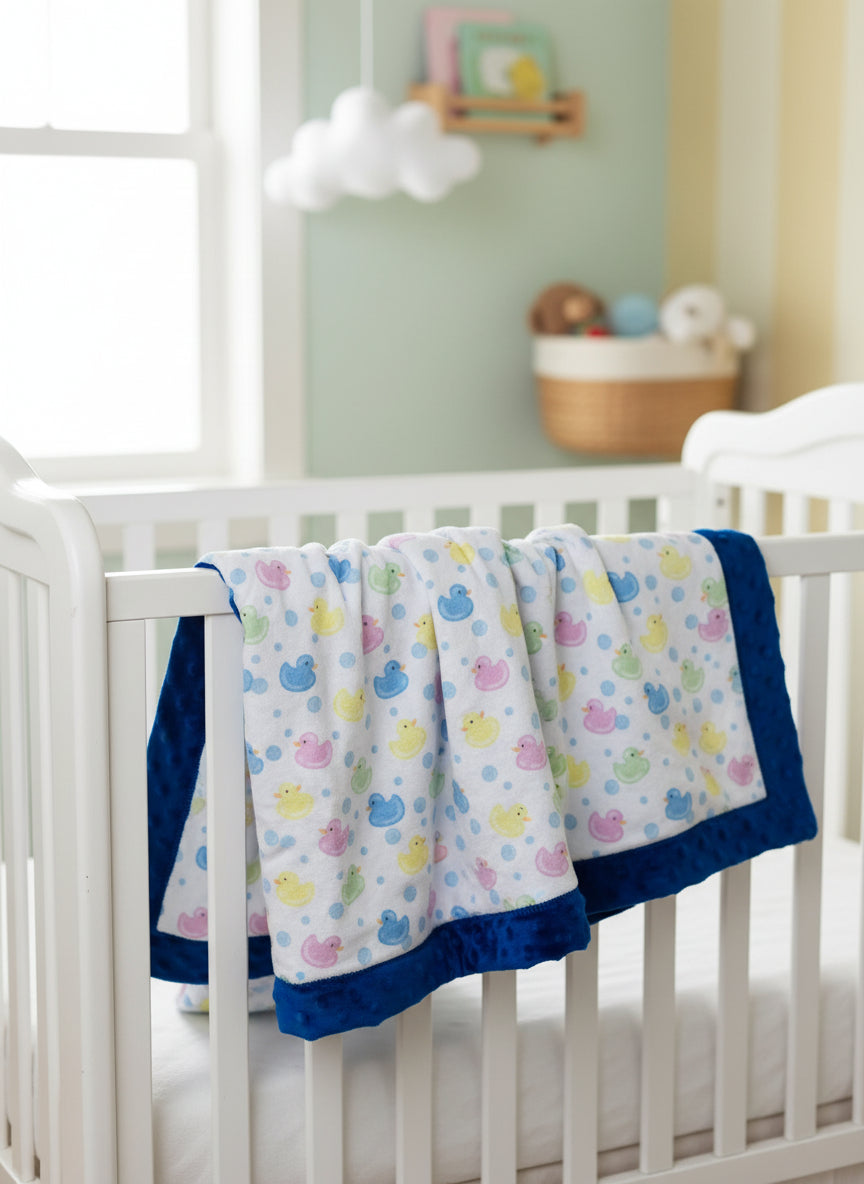 Baby blanket with colorful duck pattern and navy blue minky dot border and backing 