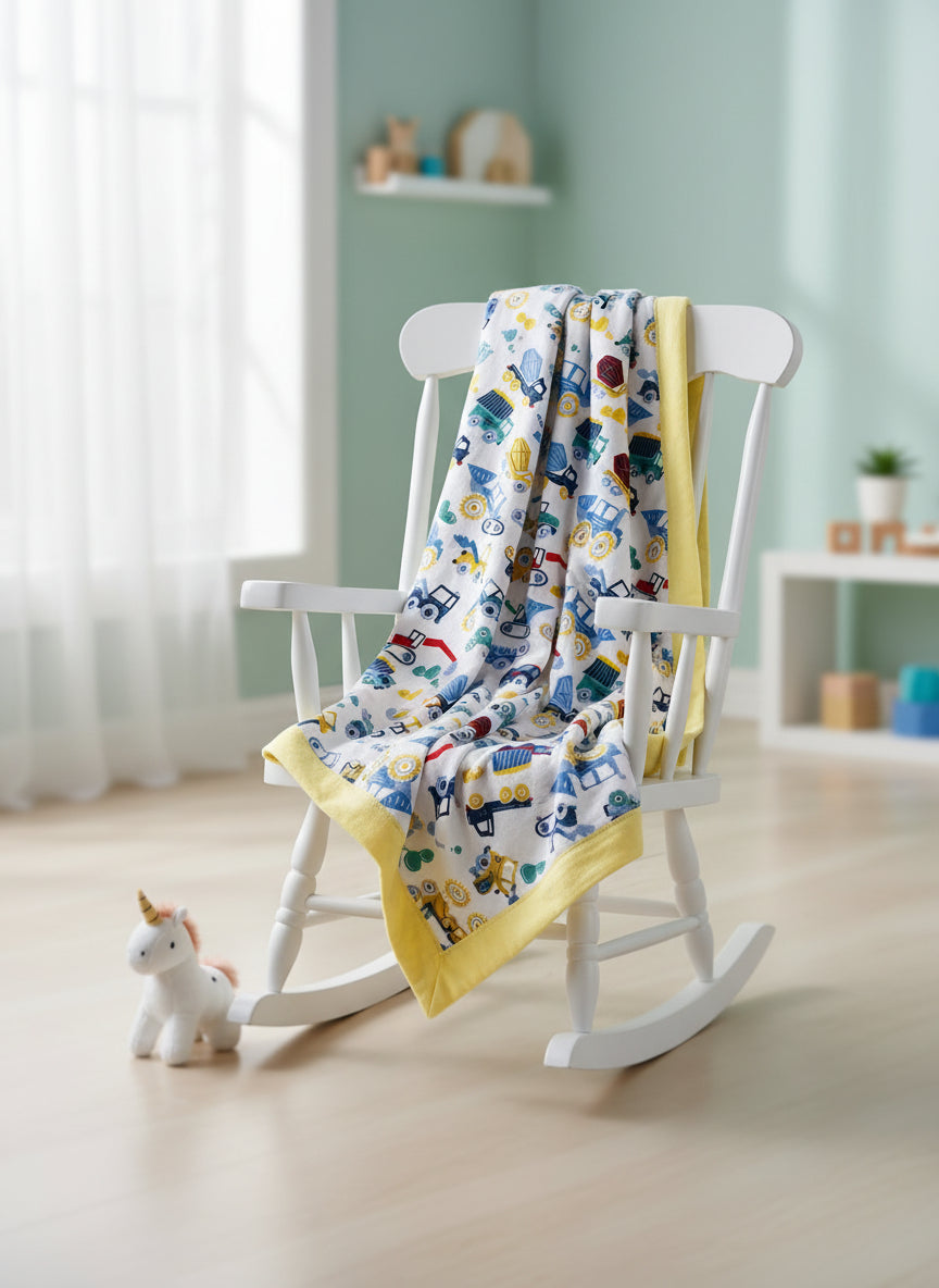 Baby blanket with construction vehicle pattern on a white background